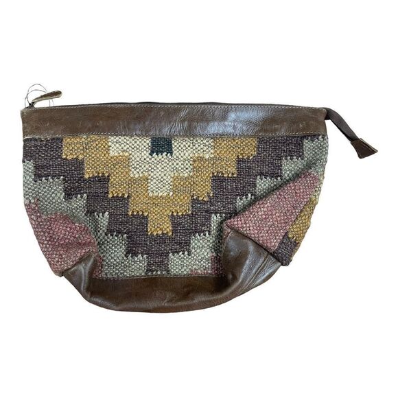 NWT Passport To India Brown Woven Tapestry Leather Pouch Bag Bohemian Clutch - Picture 2 of 6